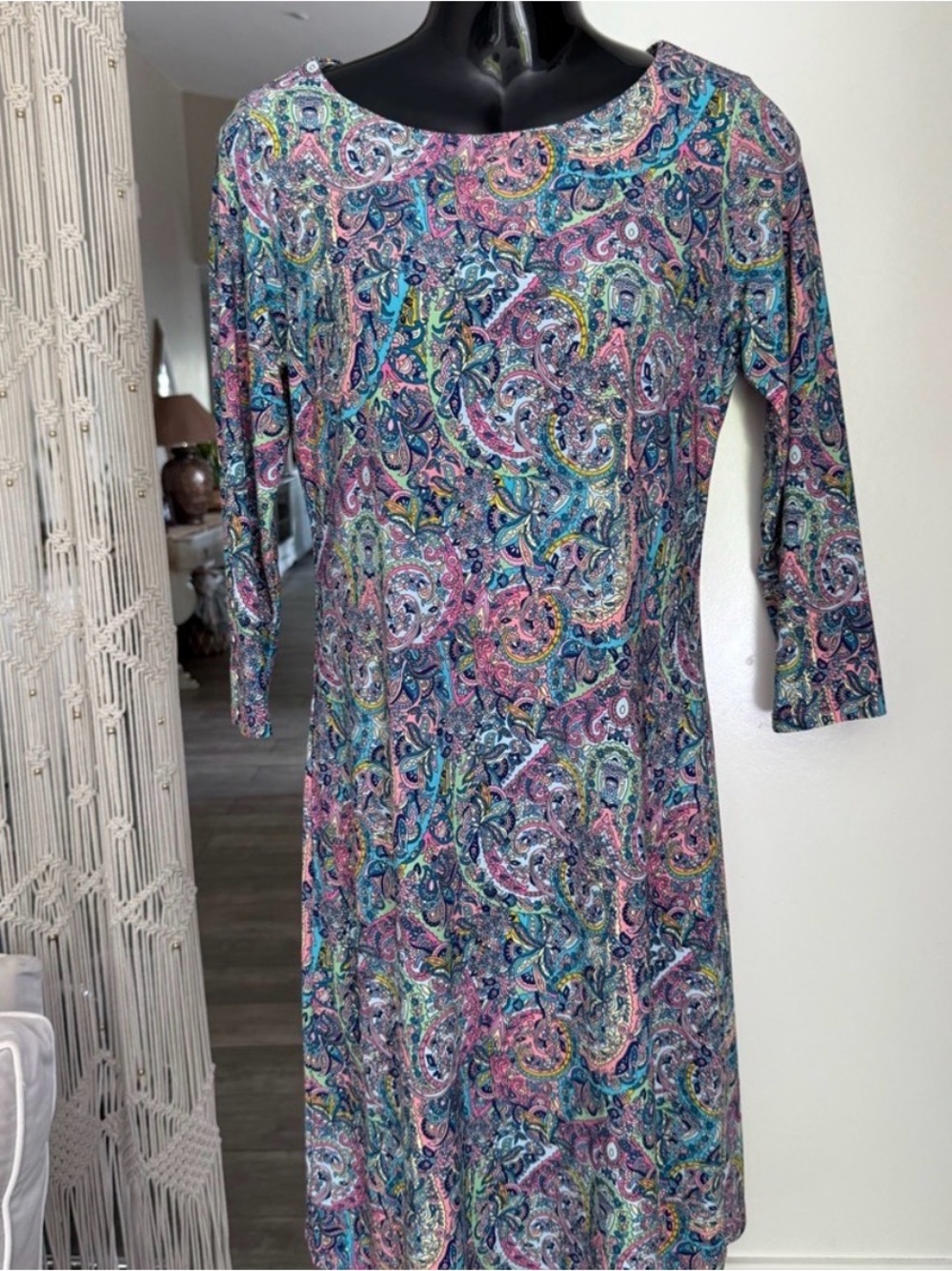 Long-Sleeve Paisley Scoop-Neck Dress in Multicolor